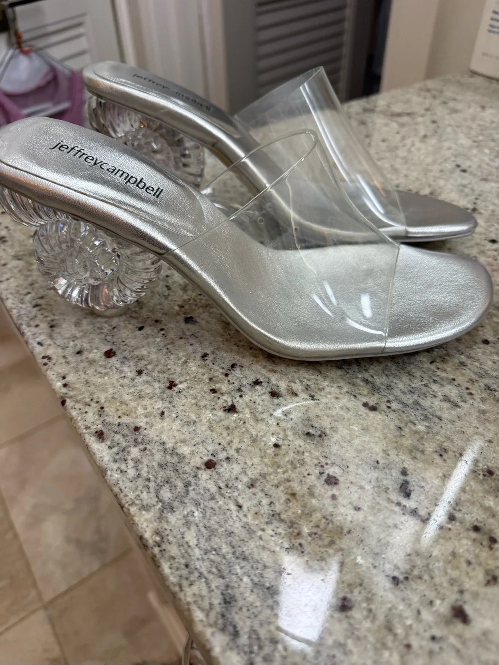 Jeffrey Campbell Silver/Clear Conch Heel Slide Sandals - Women